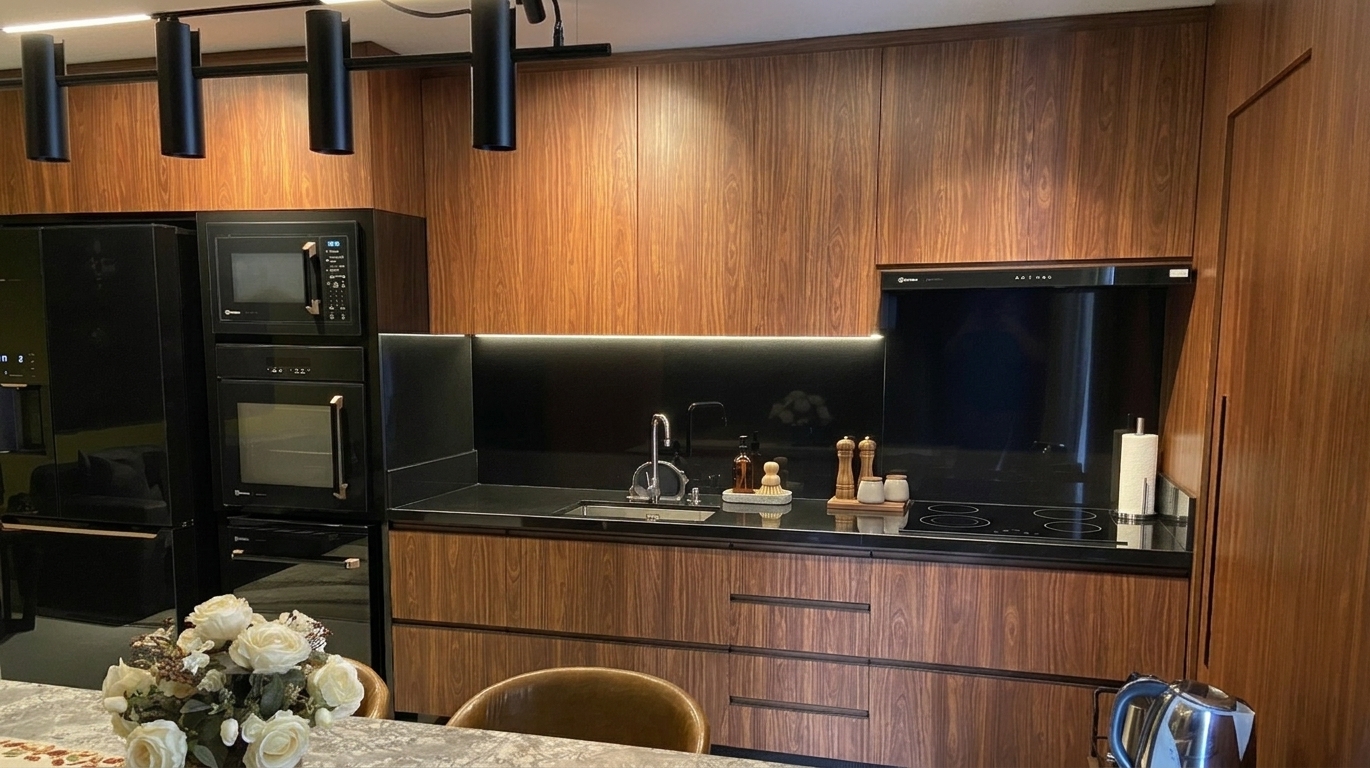 Cozinha planejada em madeira e preto com eletrodomésticos embutidos e bancada em Curitiba